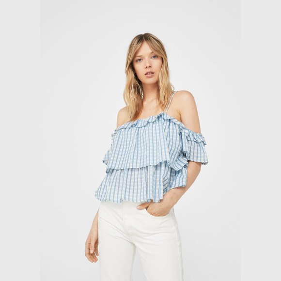 Mango Tops - Mango Blue & White Auri Check Off-Shoulder Top